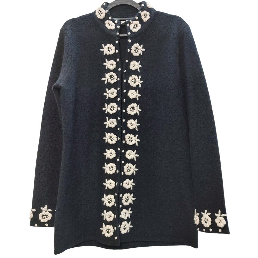 Cambridge Dry Goods Wool Cardigan Sweater Knit Embroidered Black Womens Medium